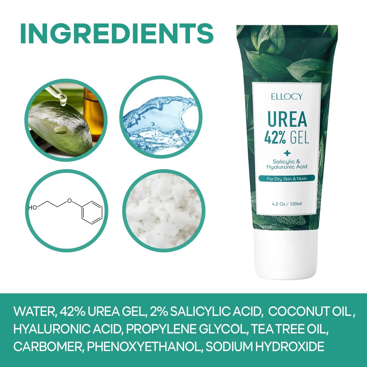 Ellocy 42% Urea Gel with Salicylic & Hyaluronic Acid - Cracked Heel Repair & Callus Remover for Feet, Elbows, Hands - 4 oz Avelisse