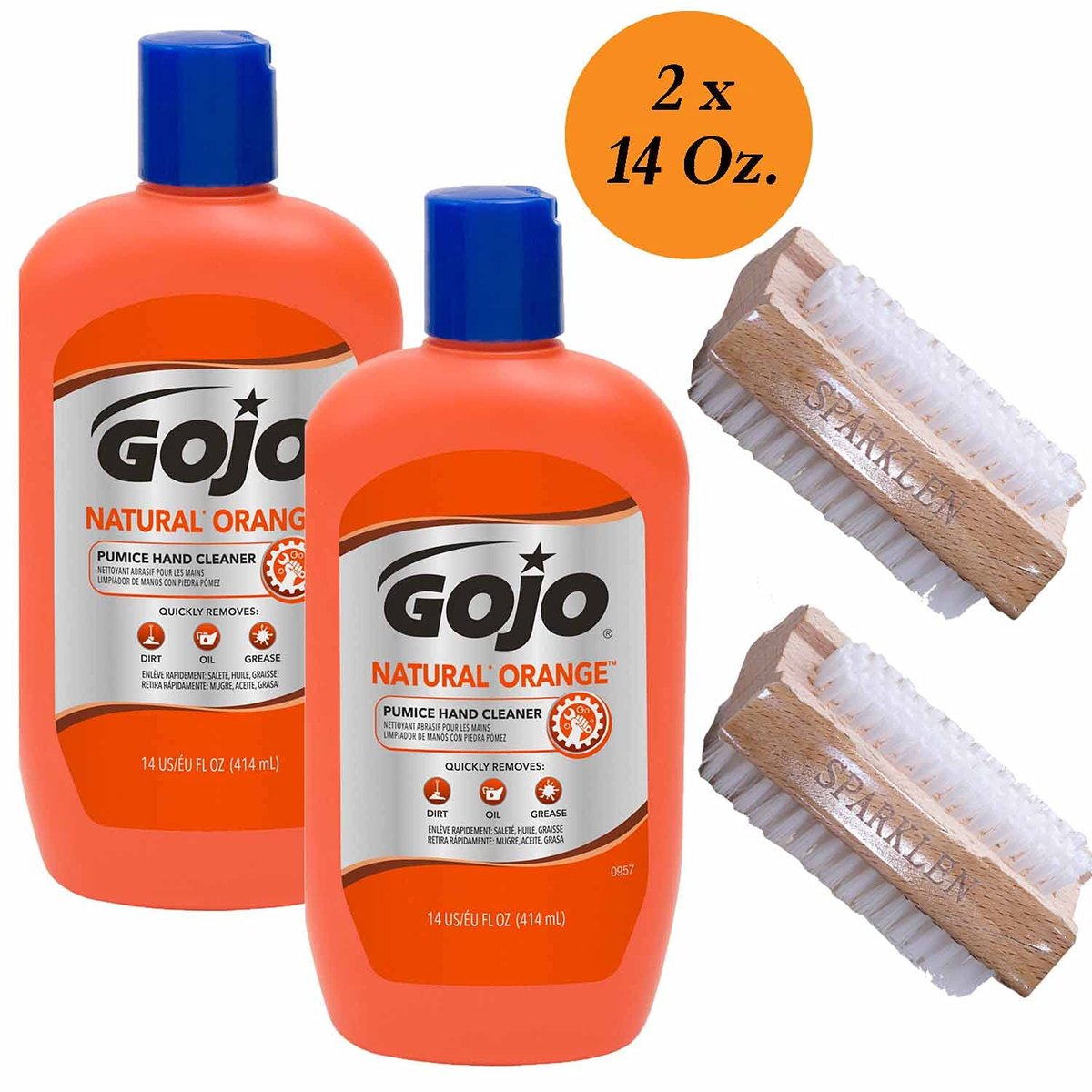Gojo Natural Orange Pumice Hand Cleaner Heavy Duty Citrus Scented Scrub, 2 x 14 oz Bottles with 2 Wooden Nail Brushes Avelisse