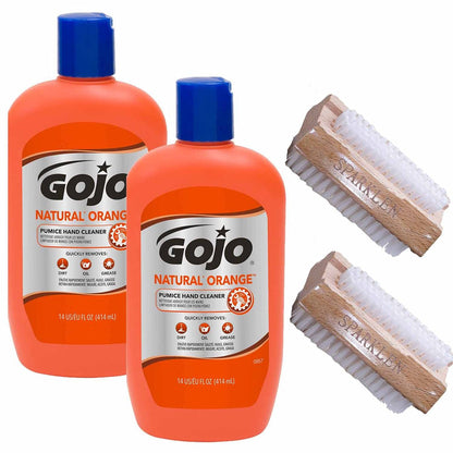 Gojo Natural Orange Pumice Hand Cleaner Heavy Duty Citrus Scented Scrub, 2 x 14 oz Bottles with 2 Wooden Nail Brushes Avelisse