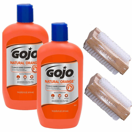 Gojo Natural Orange Pumice Hand Cleaner Heavy Duty Citrus Scented Scrub, 2 x 14 oz Bottles with 2 Wooden Nail Brushes Avelisse