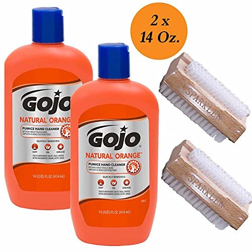 Gojo Natural Orange Pumice Hand Cleaner Heavy Duty Citrus Scented Scrub, 2 x 14 oz Bottles with 2 Wooden Nail Brushes Avelisse