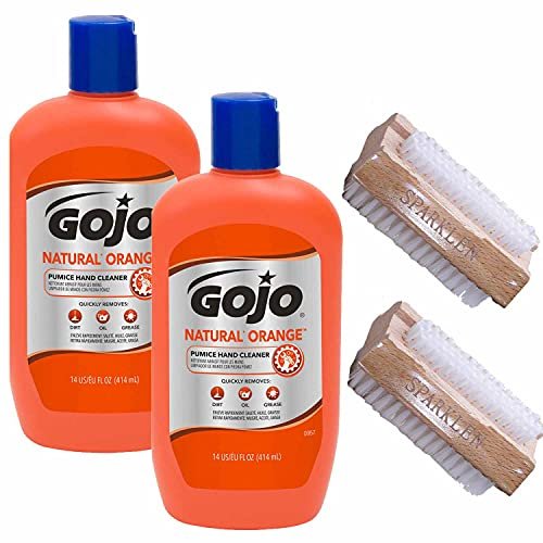Gojo Natural Orange Pumice Hand Cleaner Heavy Duty Citrus Scented Scrub, 2 x 14 oz Bottles with 2 Wooden Nail Brushes Avelisse