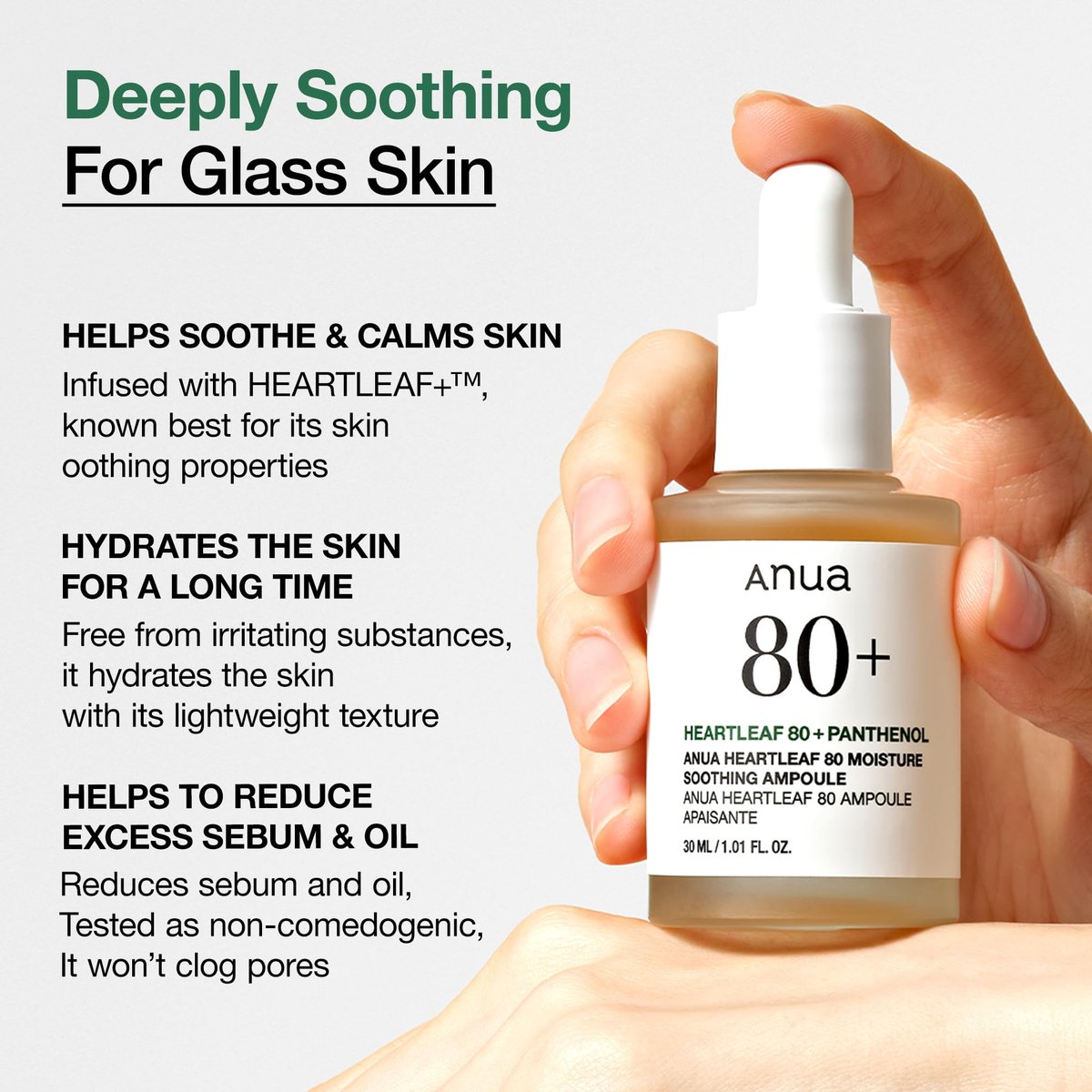 Anua Heartleaf 80 Soothing Ampoule - Hydrating Facial Serum for Glass Skin with Hyaluronic Acid & Panthenol, Lightweight Non-Greasy Korean Skincare, 1.01 fl.oz - görsel 6