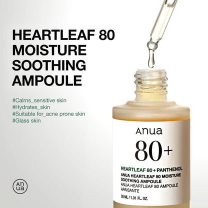 Anua Heartleaf 80 Soothing Ampoule - Hydrating Facial Serum for Glass Skin with Hyaluronic Acid & Panthenol, Lightweight Non-Greasy Korean Skincare, 1.01 fl.oz