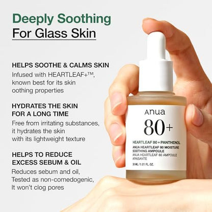 Anua Heartleaf 80 Soothing Ampoule - Hydrating Facial Serum for Glass Skin with Hyaluronic Acid & Panthenol, Lightweight Non-Greasy Korean Skincare, 1.01 fl.oz