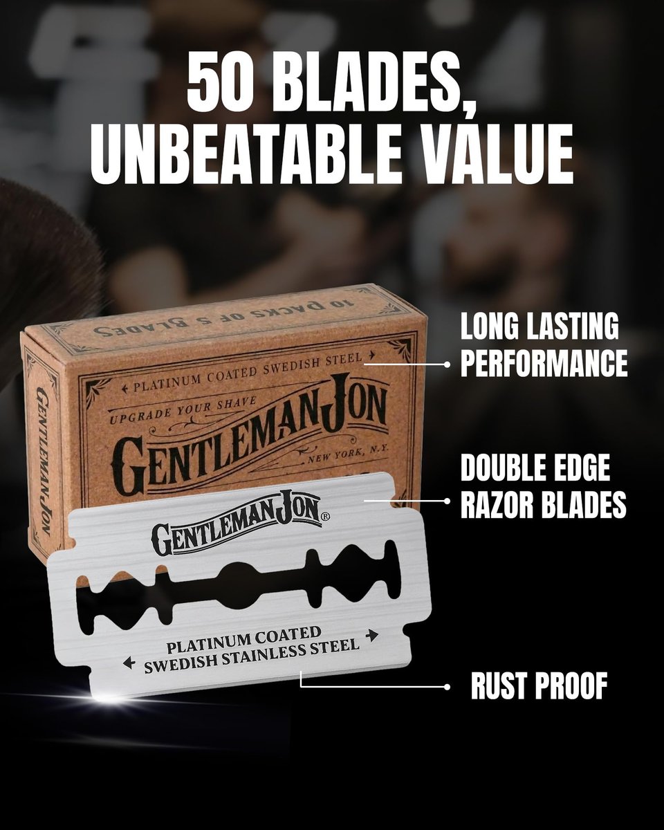 Gentleman Jon 50-Pack Platinum Double Edge Razor Blades - Premium Swedish Stainless Steel Safety Razor Blades for Smooth and Comfortable Shaves Avelisse