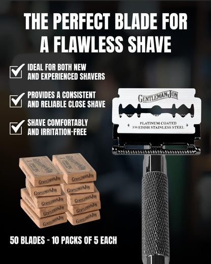 Gentleman Jon 50-Pack Platinum Double Edge Razor Blades - Premium Swedish Stainless Steel Safety Razor Blades for Smooth and Comfortable Shaves Avelisse