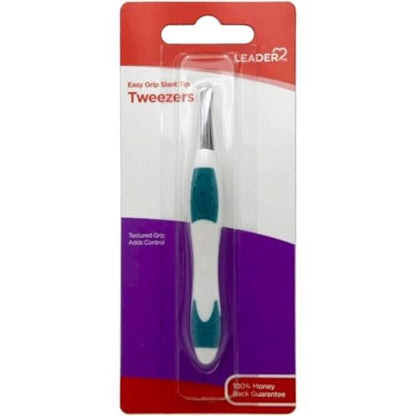 LEADER Slant Tip Tweezers - Precision Stainless Steel with Non-Slip Rubber Grip for Eyebrows, Facial Hair, Splinter & Ingrown Hair Removal