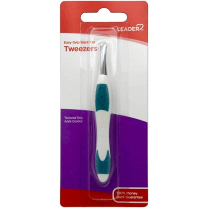 LEADER Slant Tip Tweezers - Precision Stainless Steel with Non-Slip Rubber Grip for Eyebrows, Facial Hair, Splinter & Ingrown Hair Removal