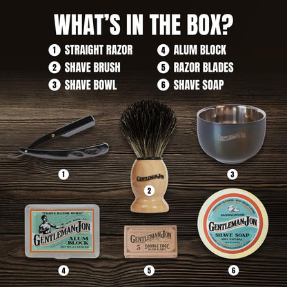 Gentleman Jon Straight Razor Shaving Kit – Vintage Wet Shave Grooming Set with Straight Edge Razor, Badger Hair Brush, Alum Block, Shave Soap, Bowl & Double Edge Safety Blades Avelisse
