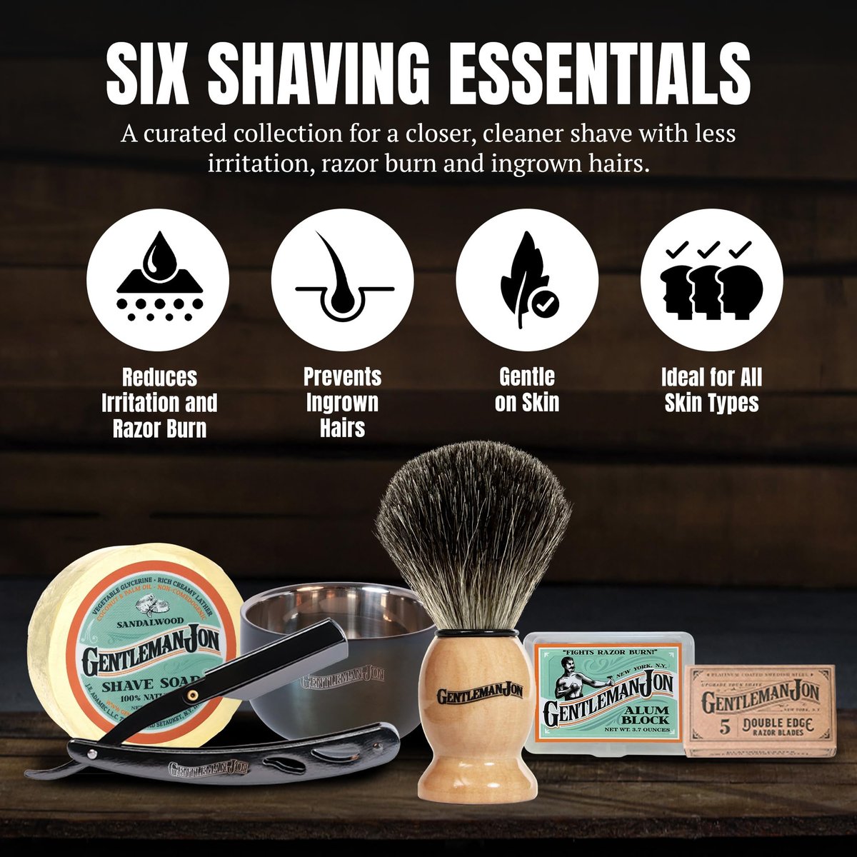 Gentleman Jon Straight Razor Shaving Kit – Vintage Wet Shave Grooming Set with Straight Edge Razor, Badger Hair Brush, Alum Block, Shave Soap, Bowl & Double Edge Safety Blades Avelisse
