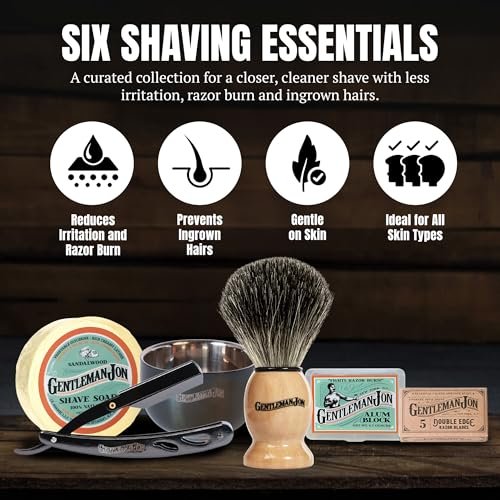 Gentleman Jon Straight Razor Shaving Kit – Vintage Wet Shave Grooming Set with Straight Edge Razor, Badger Hair Brush, Alum Block, Shave Soap, Bowl & Double Edge Safety Blades Avelisse