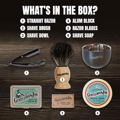 Gentleman Jon Straight Razor Shaving Kit – Vintage Wet Shave Grooming Set with Straight Edge Razor, Badger Hair Brush, Alum Block, Shave Soap, Bowl & Double Edge Safety Blades Avelisse