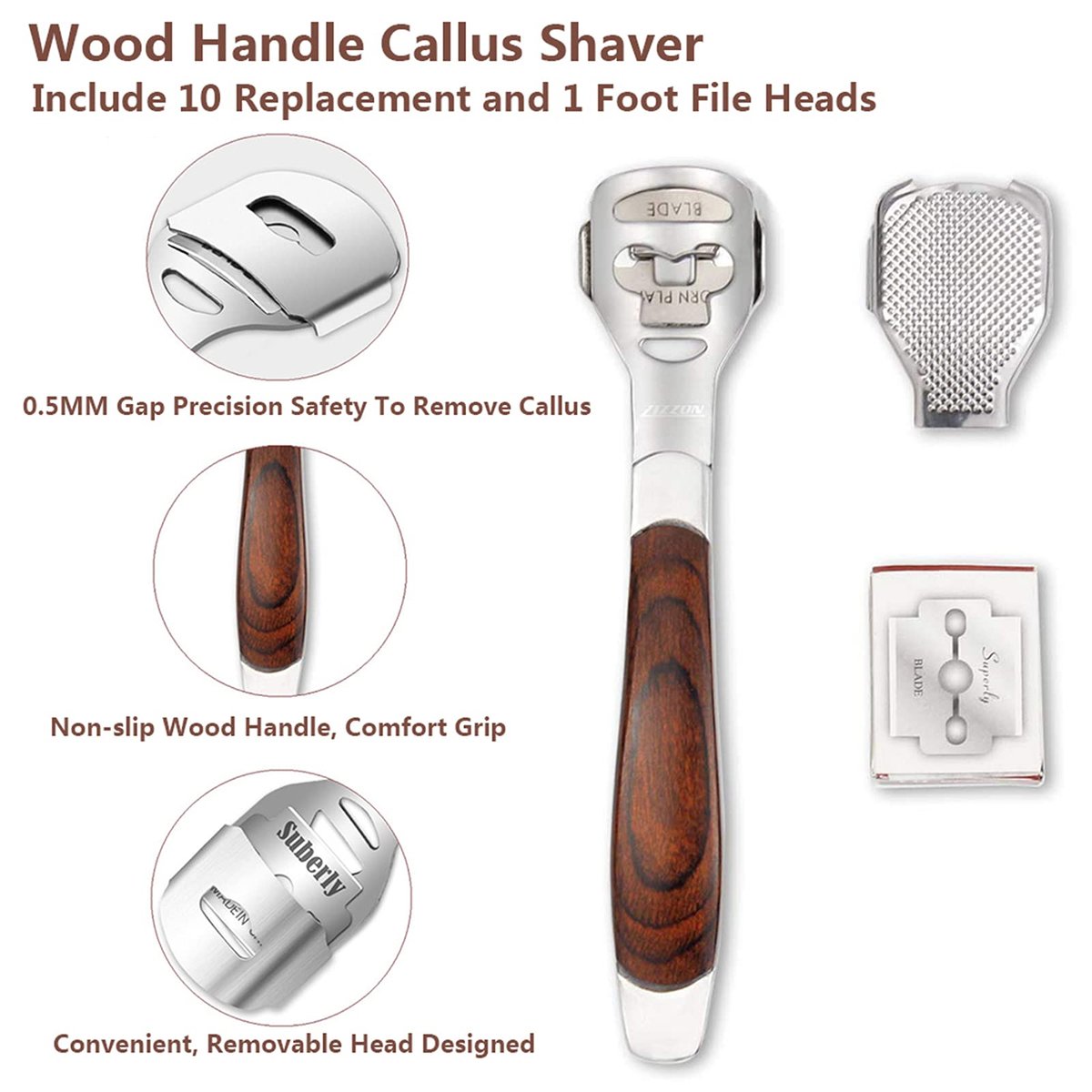 Colossal Foot Rasp & Wood Handle Callus Shaver – 10 Replacement Blades & 1 File Head, Pedicure Foot File Kit, Heel Scraper for Feet - görsel 5