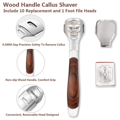 Colossal Foot Rasp & Wood Handle Callus Shaver – 10 Replacement Blades & 1 File Head, Pedicure Foot File Kit, Heel Scraper for Feet