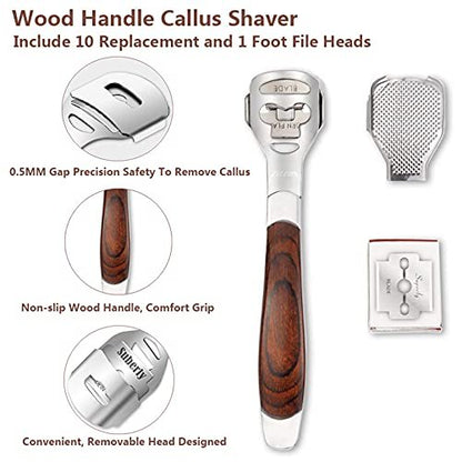 Colossal Foot Rasp & Wood Handle Callus Shaver – 10 Replacement Blades & 1 File Head, Pedicure Foot File Kit, Heel Scraper for Feet