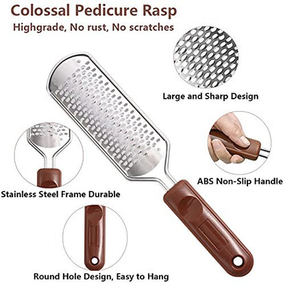 Colossal Foot Rasp & Wood Handle Callus Shaver – 10 Replacement Blades & 1 File Head, Pedicure Foot File Kit, Heel Scraper for Feet