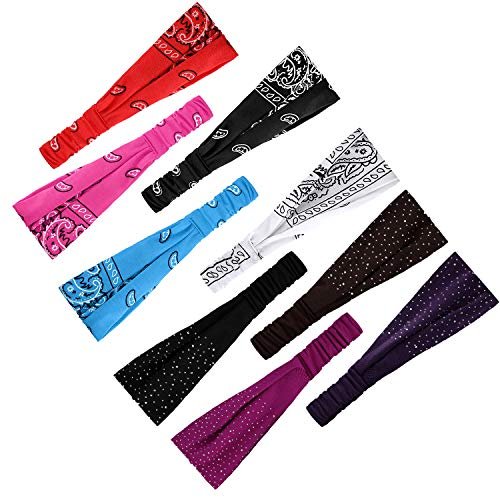 WILLBOND 10 Pack Wide Bandana Headbands for Women - Non-Slip Paisley Crystal Hairband, Elastic Boho Bling Rhinestone Head Wrap, Stretchy Turban for Sports Yoga Gym Workout Avelisse