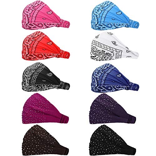 WILLBOND 10 Pack Wide Bandana Headbands for Women - Non-Slip Paisley Crystal Hairband, Elastic Boho Bling Rhinestone Head Wrap, Stretchy Turban for Sports Yoga Gym Workout Avelisse