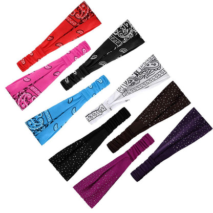 WILLBOND 10 Pack Wide Bandana Headbands for Women - Non-Slip Paisley Crystal Hairband, Elastic Boho Bling Rhinestone Head Wrap, Stretchy Turban for Sports Yoga Gym Workout Avelisse