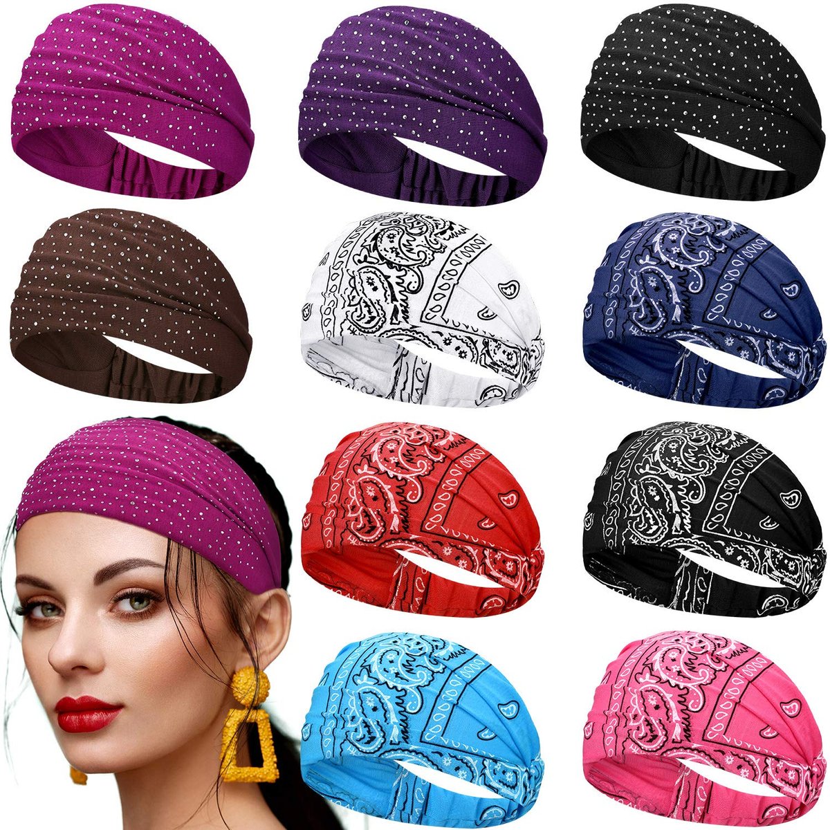 WILLBOND 10 Pack Wide Bandana Headbands for Women - Non-Slip Paisley Crystal Hairband, Elastic Boho Bling Rhinestone Head Wrap, Stretchy Turban for Sports Yoga Gym Workout Avelisse