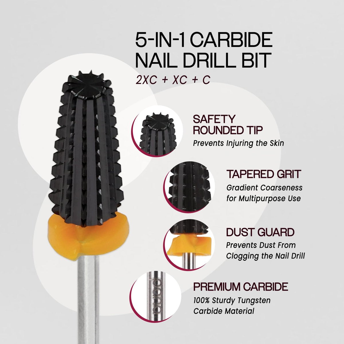 PANA Nail Carbide 5 in 1 Bit – Two-Way Rotating, Fast Acrylic & Hard Gel Removal, 3/32" Shank, Double Coarse (2XC), Black - görsel 11