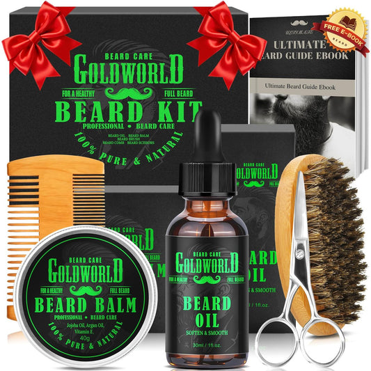 GoldWorld 9-Piece Beard Grooming Kit - Complete Beard Care Set with Oil, Balm, Brush, Comb, Scissors & E-Book - Perfect Gift for Men