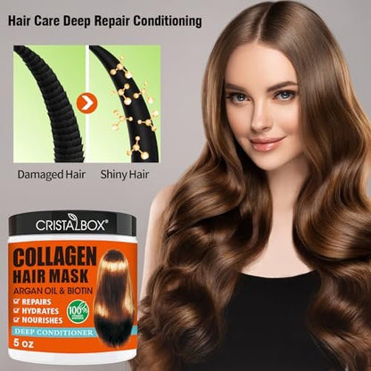 CRISTALBOX Collagen & Keratin Hair Mask 2 Pack - Deep Conditioning Treatment for Damaged, Dry Hair with Argan Oil - 5 oz Each