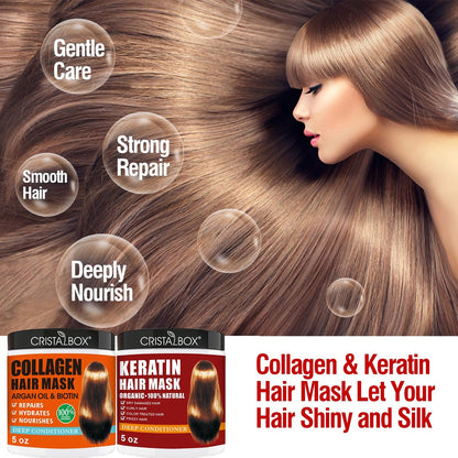 CRISTALBOX Collagen & Keratin Hair Mask 2 Pack - Deep Conditioning Treatment for Damaged, Dry Hair with Argan Oil - 5 oz Each