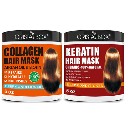 CRISTALBOX Collagen & Keratin Hair Mask 2 Pack - Deep Conditioning Treatment for Damaged, Dry Hair with Argan Oil - 5 oz Each