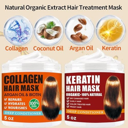 CRISTALBOX Collagen & Keratin Hair Mask 2 Pack - Deep Conditioning Treatment for Damaged, Dry Hair with Argan Oil - 5 oz Each