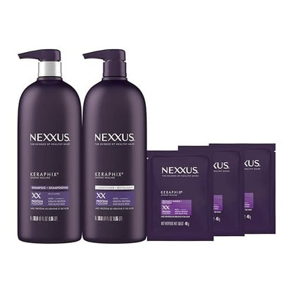 Nexxus Keraphix Shampoo and Conditioner Set with 3 Repair Masks - Damaged Hair Treatment with Keratin Protein and Black Rice, 33.8 oz + 1.5 oz Masks (5 Count) Avelisse