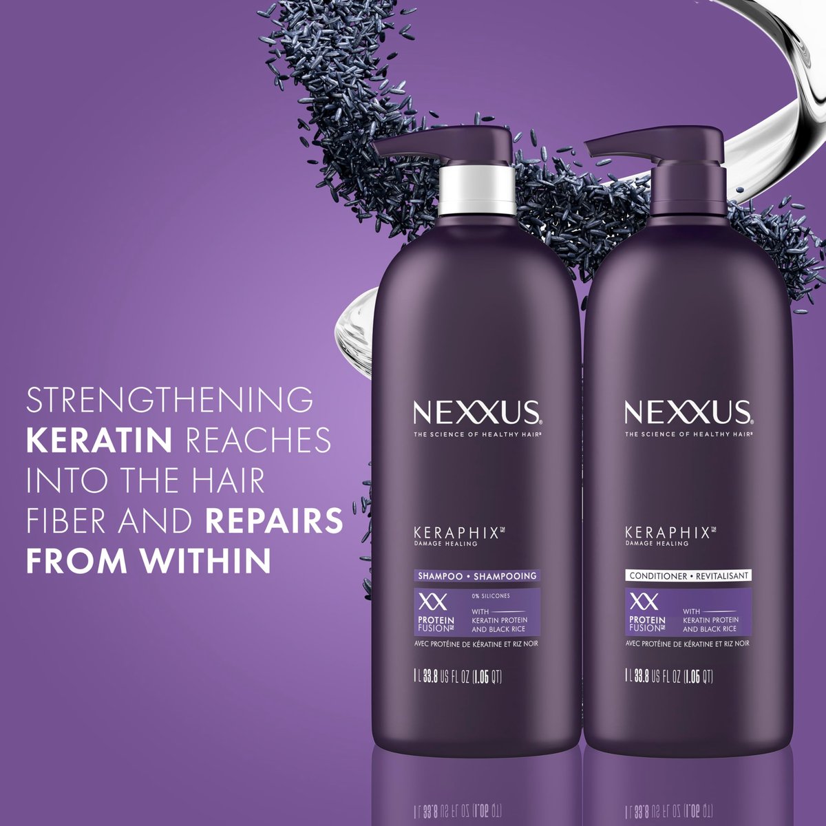 Nexxus Keraphix Shampoo and Conditioner Set with 3 Repair Masks - Damaged Hair Treatment with Keratin Protein and Black Rice, 33.8 oz + 1.5 oz Masks (5 Count) Avelisse