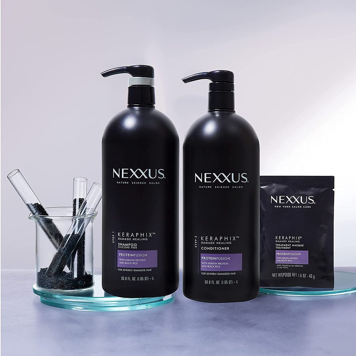 Nexxus Keraphix Shampoo and Conditioner Set with 3 Repair Masks - Damaged Hair Treatment with Keratin Protein and Black Rice, 33.8 oz + 1.5 oz Masks (5 Count) Avelisse