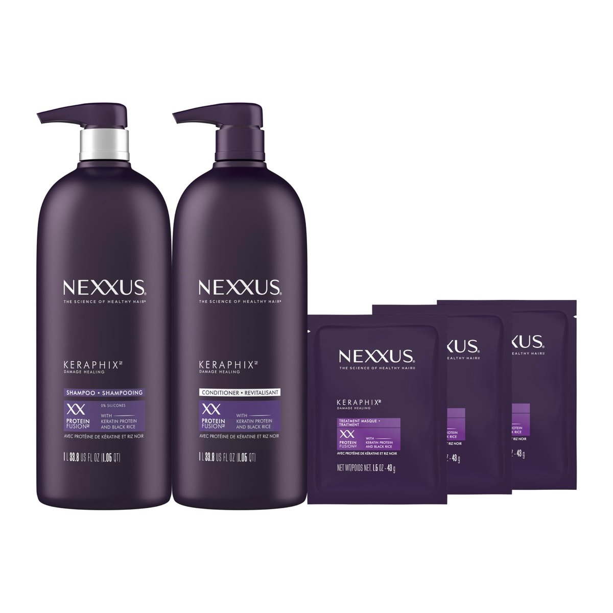 Nexxus Keraphix Shampoo and Conditioner Set with 3 Repair Masks - Damaged Hair Treatment with Keratin Protein and Black Rice, 33.8 oz + 1.5 oz Masks (5 Count) Avelisse