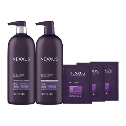 Nexxus Keraphix Shampoo and Conditioner Set with 3 Repair Masks - Damaged Hair Treatment with Keratin Protein and Black Rice, 33.8 oz + 1.5 oz Masks (5 Count) Avelisse