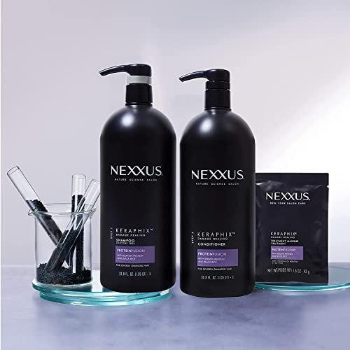 Nexxus Keraphix Shampoo and Conditioner Set with 3 Repair Masks - Damaged Hair Treatment with Keratin Protein and Black Rice, 33.8 oz + 1.5 oz Masks (5 Count) Avelisse