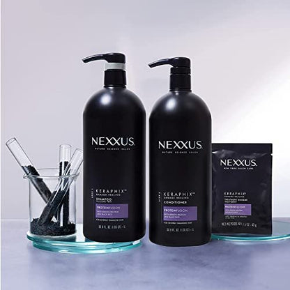 Nexxus Keraphix Shampoo and Conditioner Set with 3 Repair Masks - Damaged Hair Treatment with Keratin Protein and Black Rice, 33.8 oz + 1.5 oz Masks (5 Count) Avelisse
