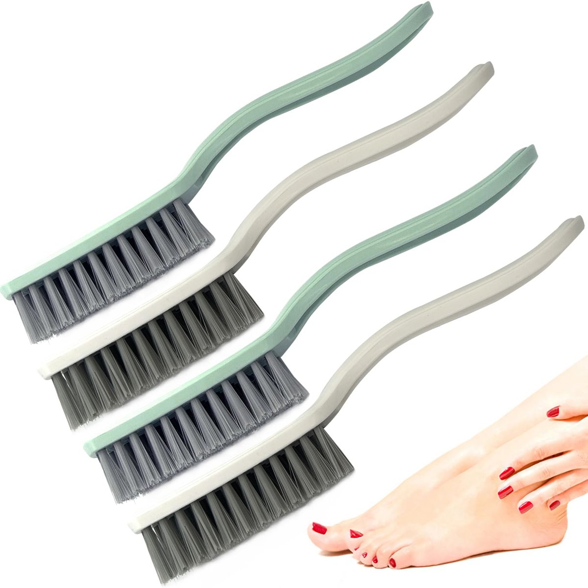 Curved Handle Nail Brush and Foot Scrubber Set - 4 Pack Hand Fingernail Cleaning Brush for Home Laundry, Shoes, Clothes, Toes, and Feet Avelisse