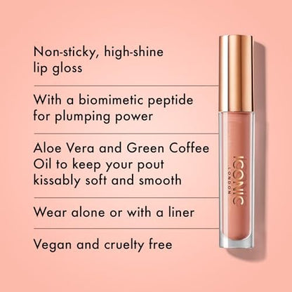 ICONIC LONDON Lip Pumping Gloss - Nearly Nude (Soft Taupe) - High-Shine, Non-Sticky Lip Gloss with Biomimetic Peptide for Voluminous Lips - Cruelty Free & Vegan - 0.16 Fl Oz