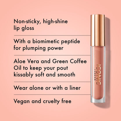ICONIC LONDON Lip Pumping Gloss - Nearly Nude (Soft Taupe) - High-Shine, Non-Sticky Lip Gloss with Biomimetic Peptide for Voluminous Lips - Cruelty Free & Vegan - 0.16 Fl Oz