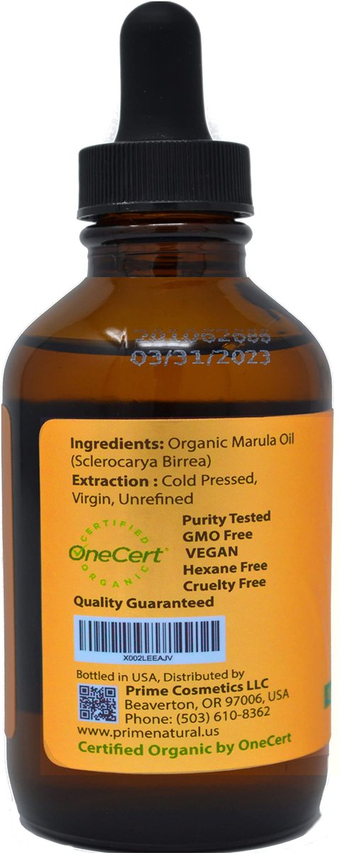 PRIME NATURAL Organic Marula Oil 4oz/120ml - USDA Certified - Cold Pressed, Unrefined, Virgin - 100% Pure, Natural, Vegan - Best for Face, Body, Hair, Nails, Skin Care Avelisse