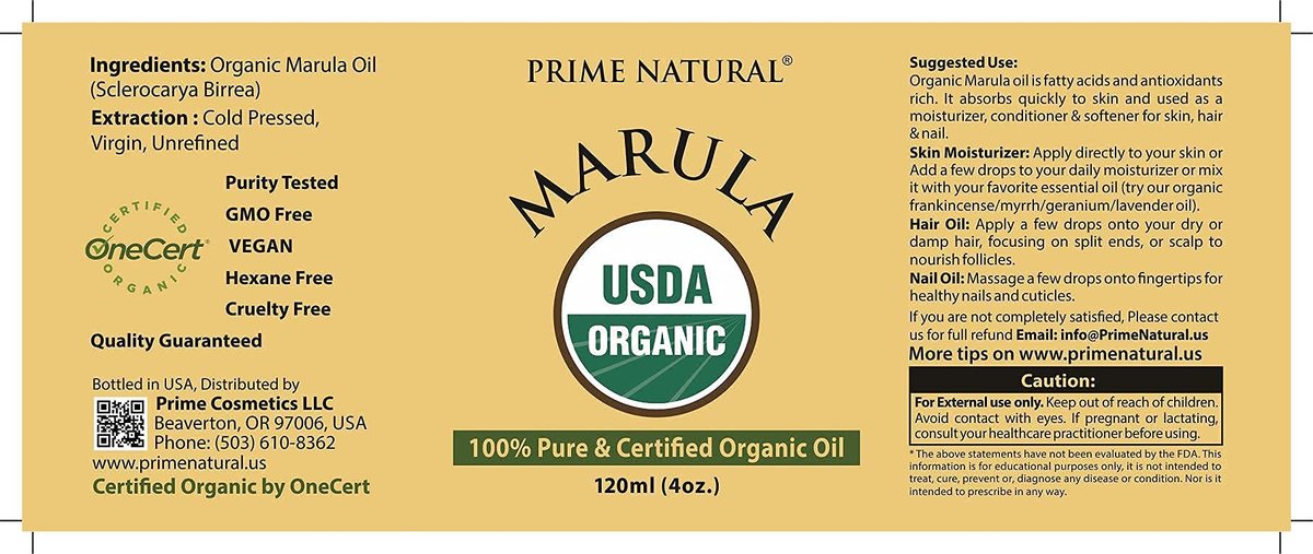 PRIME NATURAL Organic Marula Oil 4oz/120ml - USDA Certified - Cold Pressed, Unrefined, Virgin - 100% Pure, Natural, Vegan - Best for Face, Body, Hair, Nails, Skin Care Avelisse