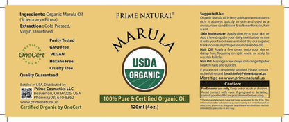 PRIME NATURAL Organic Marula Oil 4oz/120ml - USDA Certified - Cold Pressed, Unrefined, Virgin - 100% Pure, Natural, Vegan - Best for Face, Body, Hair, Nails, Skin Care Avelisse