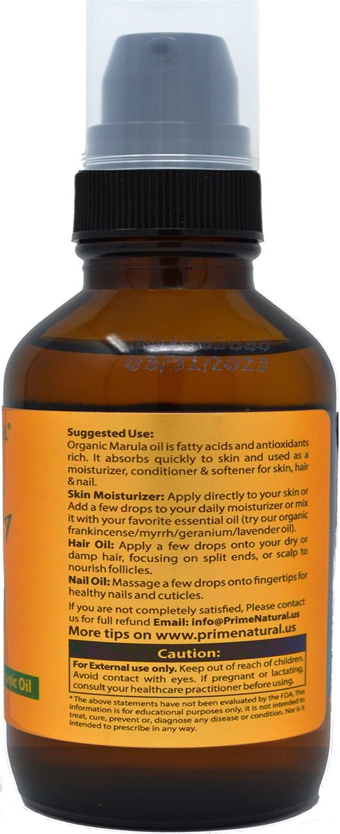 PRIME NATURAL Organic Marula Oil 4oz/120ml - USDA Certified - Cold Pressed, Unrefined, Virgin - 100% Pure, Natural, Vegan - Best for Face, Body, Hair, Nails, Skin Care Avelisse