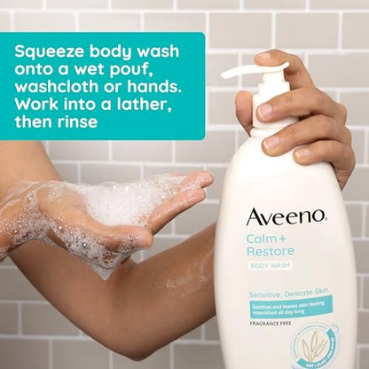 Aveeno Calm + Restore Daily Body Wash for Sensitive Skin, Fragrance Free, 18 fl oz