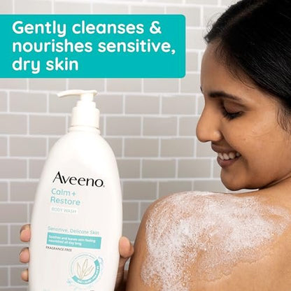 Aveeno Calm + Restore Daily Body Wash for Sensitive Skin, Fragrance Free, 18 fl oz