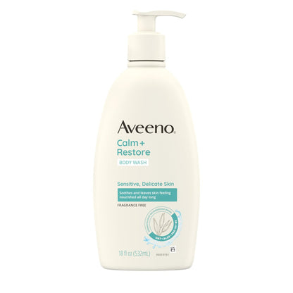 Aveeno Calm + Restore Daily Body Wash for Sensitive Skin, Fragrance Free, 18 fl oz