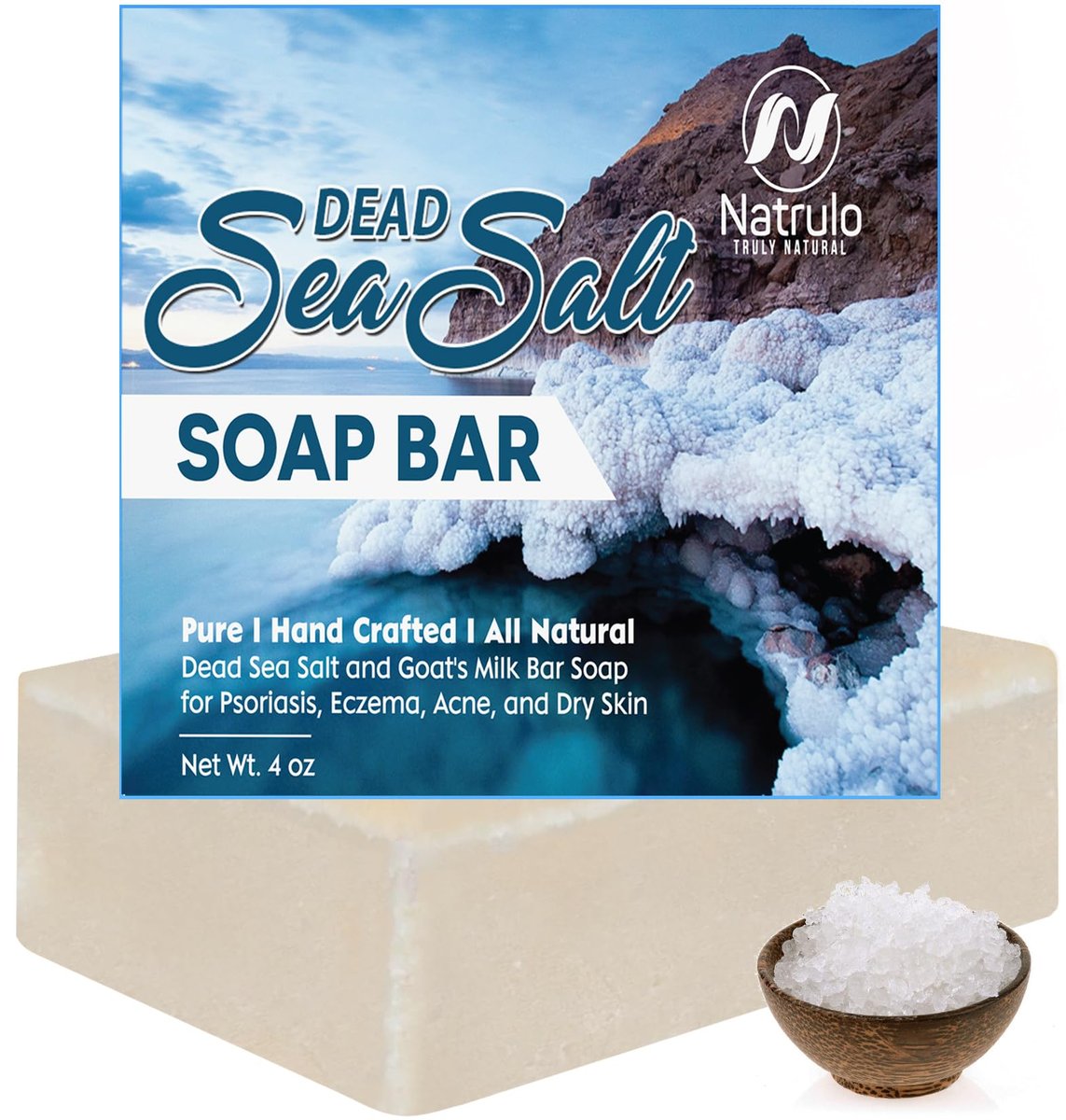 Natrulo Dead Sea Salt & Goat Milk Soap Bar – 4oz All Natural Face & Body Soap for Psoriasis, Eczema, Acne, Dry Skin – Exfoliating, Brightening, Nourishing - görsel 1