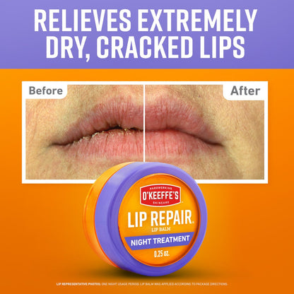 O'Keeffe's Lip Repair Night Treatment Lip Balm for Dry, Cracked Lips - 0.25 Ounce Jar (2 Pack) - Moisturizer for Extremely Cracked, Dry Lips